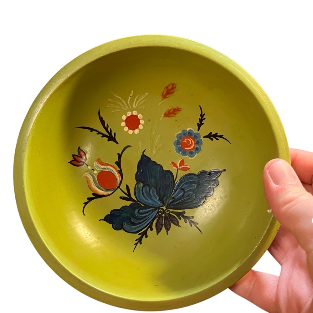 Vintage Hand-Painted Floral Decorative Bowl Trinket Dish Bohemian Folk Art